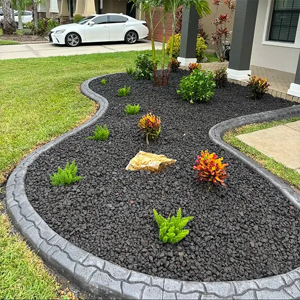 Curved landscape bed with black rock, stone curbing and tropical plants