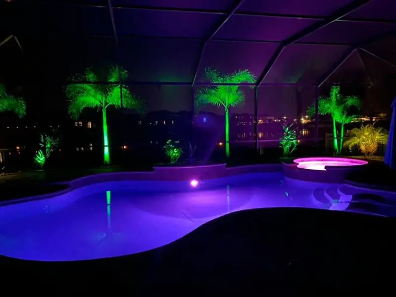 Pool lit purple at night with green-lit palms beyond the screen
